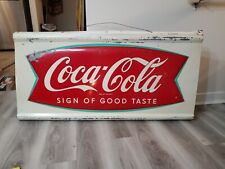c.1960s Original Vintage Coca Cola Sign Metal Embossed Fish Tail HUGE Robertson  picture
