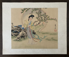 VTG Chinese Painting Watercolor On Silk Woman Cherry Blossoms Signed picture