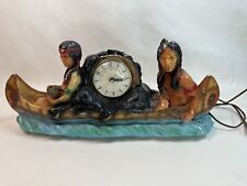 Vintage 50’s Indians In Canoe Chalkware Electric Clock Statue Large Minor Wear picture