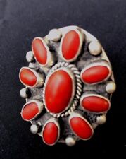 Handmade Vintage Large Navajo Native American Silver Red Coral Cluster Ring   picture