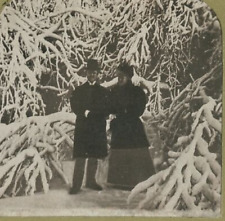 c1910 GOAT ISLAND N.Y. WINTER SCENE GENTLEMAN LADY TOPHAT STEREOVIEW 23-5 picture