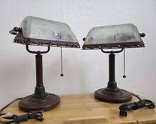 2 Vintage Bronze Bankers Lamps Frost Etched Glass Antique Style Desk Lamp. picture