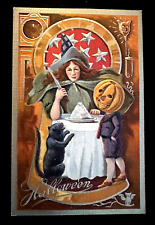 Witch & Black Cat~JOL Pumpkin Boy in Keyhole 1910~ Nash Halloween Postcard~k289 picture