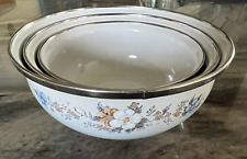 Vintage set of  3 Floral White/blue Enamelware Nesting Bowls Granny Core picture