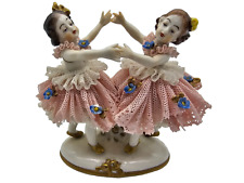 Vtg Dresden Pink Lace Dress Porcelain 2 Dancing Girls Figurine 4