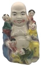 Ceramic Laughing Buddha with 5 Children Statue Figurine Glossy Vintage Japan picture