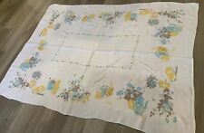 Vintage Rectangle Tablecloth, Linen, Flower Pot Design, Floral Bouquets, White picture