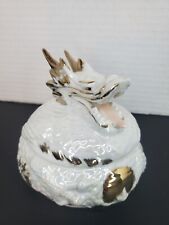 Vintage Dragon Porcelain Trinket Box Iridescent White And Gold Made In Japan picture
