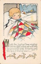 Antique Christmas Card Boy Quilt Longfellow Poem Bells Reindeer Vtg Postcard B30 picture