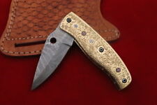 STUNNING FULLY ENGRAVED HAND CRAFTED DAMASCUS STEEL BRASS POCKET FOLDING KNIFE picture