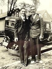 YH Photograph Two Men Embrace Suits Old Car 1935 Deco Border Around Photo 1930's picture