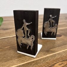 Pair Of Vintage Silver Trick Riding Standing on Horse Wooden & Marmol Bookends picture