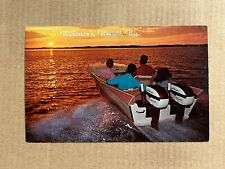 Postcard Wascott WI Wilkinson's Greetings Lake Speedboat Boat Sunset Vintage picture