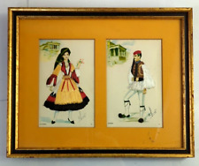 Rare VTG Silk Embroidery Man & Woman Spain Postcards Athinae Evzon, Framed 11x9 picture