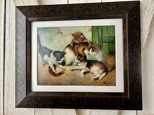 Antique Mother Cat W/ Kittens Oil Painting on Board 1930. Framed To 18”x11.5” picture