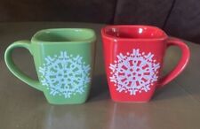STARBUCKS Set of 2 Red/Green HOLIDAY Coffee-Theme SNOWFLAKE 12 oz MUG Cup LOT picture