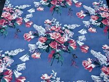 5+YDS Delightful Cottage PINK ROSES on Periwinkle Barkcloth Era Vintage Fabric picture