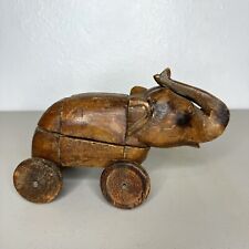 Vintage Wooden Elephant on Wheels Figurine Spice Box Carved Wood Trinket picture