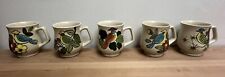 Set 5 Vintage Coffee Mug Cup Bird Flowers Speckled Stoneware Wales Hand Painted picture