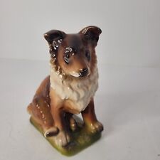 Vintage Sheltie Collie Figurine Ceramic Brown White Dog Canine Sitting on Grass picture