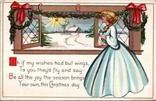 Christmas Postcard Woman Looking Out Window at Snow Covered Field picture