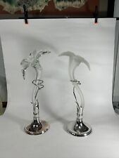 Set Of 2 Vtg Hand-Blown Glass Art Nouveau Style Lily Vase In Silver Toned Base picture