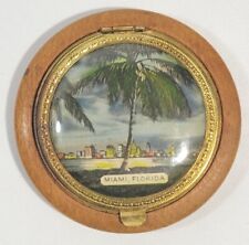 Vintage Miami Florida Wood Womens Powder Compact Etched Lithograph Makeup  picture
