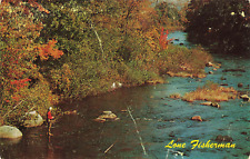 LONE FISHERMAN POSTCARD WHISPERING PINES LOG CABINS NORTH CREEK NEW YORK 1950s picture