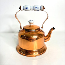 Vintage Copper Tea Pot Kettle With Blue White Delft Porcelain Handle Lid New picture