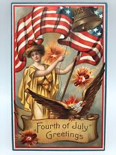 Antique Embossed JULY 4 Lady Liberty Fireworks Flag Patriotic Postcard-Germany picture