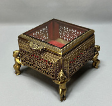 19c.French Cherub Footed Bronze Beveled Crystal Filigree Jewellery Box Casket picture