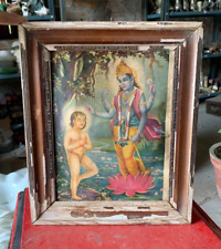 1940's Old Vintage Lord Vishnu Blessing Dhruv Lithograph Print Framed 11.5x9.5