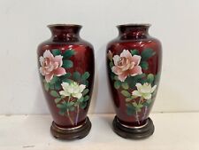 Vintage Japanese Silver Mounted Red Cloisonne Pair of Vases w/ Flower Decoration picture