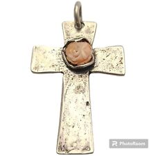 1950s OLD CRUCIFIX PENDANT STERLING SILVER Hancarved Bamboo Coral  picture