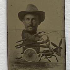 Antique Miniature Tintype Arcade Photograph Cowboy Driving Donkey Cart Odd Fun picture