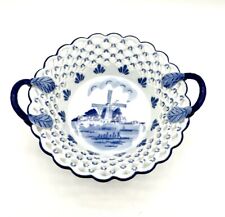 Delft Blue Holland Blue & White Reticulated Bowl Berry Dish Hand Painted Vintage picture