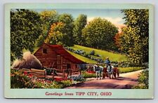 Greetings From Tipp City Ohio P53A Dirt Road Cabin Horse Wagon picture