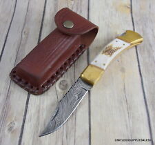 RITE EDGE GENUINE STAG HANDLE & DAMASCUS BLADE FOLDING KNIFE LEATHER SHEATH  picture