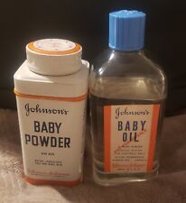 Vintage Johnson & Johnson’s Baby Powder Tin 4 1/8oz and Baby oil. Both unopened picture