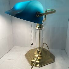 RARE Vintage Blue Shade Brass Bankers Desk Lamp Heavy Base 14” picture
