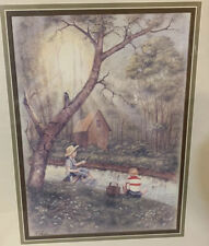 Vintage Fishing Framed Print Artist R Adair-Two Boys Fishing Signed picture