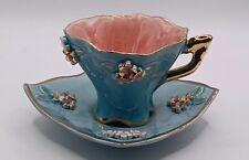 Vintage Dainty Ornate 3 Dimensional Flowers Turquoise Pink Lil' Cup & Saucer Set picture