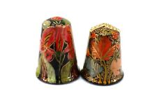 Wooden THIMBLES Set of 2 Black Lacquer Hand Painted Florals Gold Outline Sewing picture
