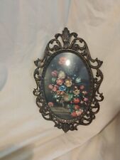 VTG Ornate Metal Frame Floral Picture Convex Oval Bubble Glass Made In Italy10x7 picture