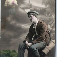 c1900s Somber Lonely Man Dreaming of Woman RPPC Sad Handsome Real Photo PC A136 picture