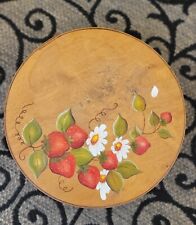 Vintage Handpainted Folk Art Strawberries Wood Cheese Wheel Box 12” Round  picture