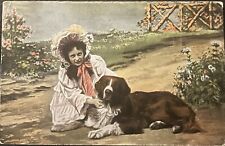1908, Vintage Post Card Victorian Girl with Dog picture