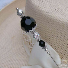 HATPIN WITH SPLENDID LARGE BLACK CRYSTALS & RHINESTONES - SILVER FINISH #hatpins picture