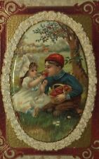 Victorian Embossed Cute Farm Boy & Girl Eating Apples Greetings Postcard picture