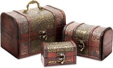 3-Set Small Wooden Treasure Chest Boxes,Flower Motifs, Decorative Vintage Trunks picture
